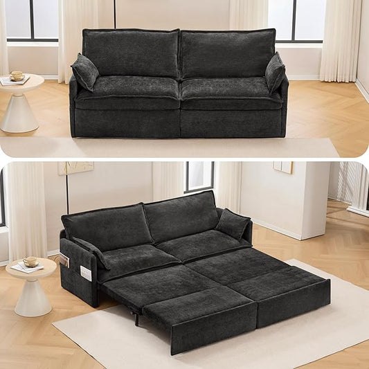 3 in 1 Convertible Sofa Bed-King Size Sofa Bed 74'' Chenille Pull Out Couch with Side Pocket Loveseat Sofa with USB/Type-C Ports Sleeper Sofa Couches for Living Room Apartment(Black)