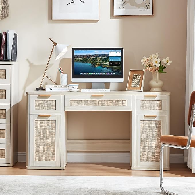 LEYAOYAO Office Desk 56 with 5 Drawers Storage File Cabinet Rattan Wood Desk for Computer Office Bedroom Home Furniture Light Gray