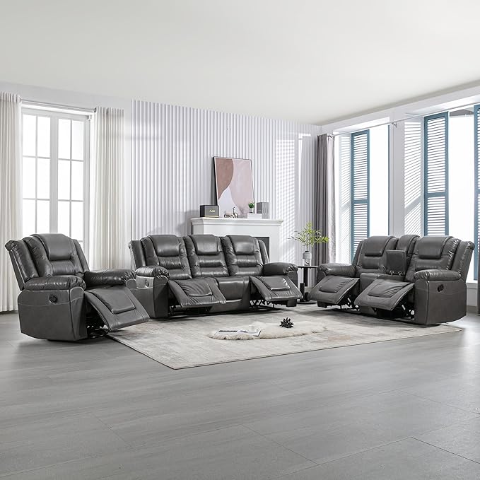 Leather Reclining Sofa SetHome Theater Seating with Center Console Storage Cup Holders 2 Seater for Living RoomOfficeHome TheaterRV. Loveseat(Grey)