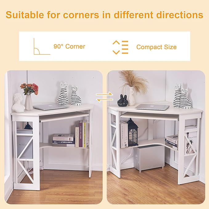 VECELO Corner Computer Desk 41 x 30 inches with Smooth Keyboard &amp Storage Shelves for Home Office Workstation White