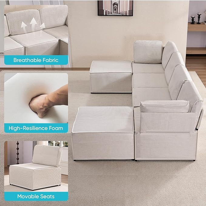 CECER Modular Sectional Sofa U Shaped Convertible Couch Sofa with Reversible Chaises Queen Sleeper Sofa Modular Oversized Sofa Couches for Living Room (Beige)