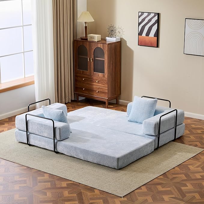 Folding Convertible Sofa Bed 4-in-1 Boneless Couch Sleeper Sofa 76.8'' Chenille Foldable Mattress Couch with Fixed-Shape Frame Floor Sofas Modular Futon Couches for Living Room Light Blue