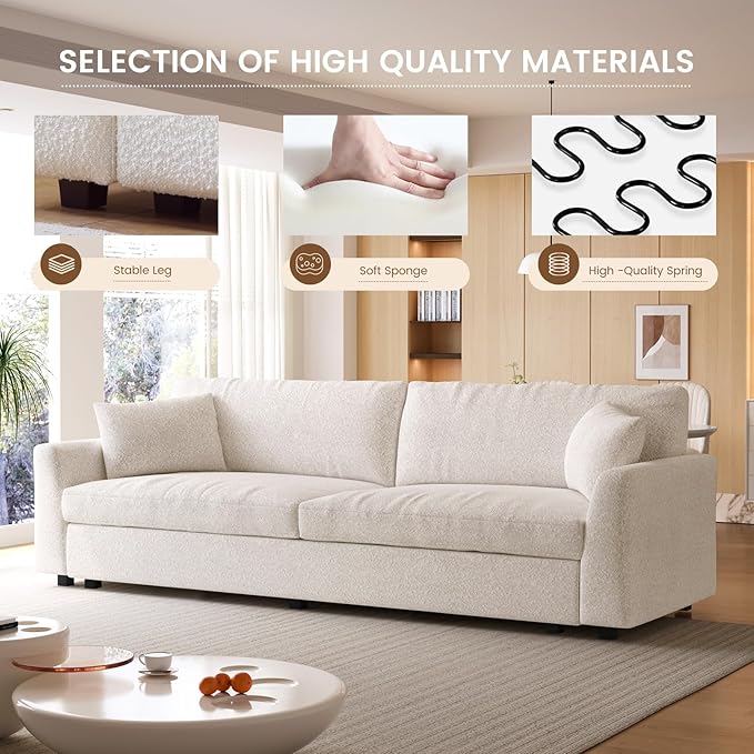 99.21 Wide Modern Fabric Sofa Oversized 3-Seater Couch with Armrests &amp 2 Pillows Comfy Upholstered Sofa for Living Room or Bedroom Cream White | Easy to Assemble