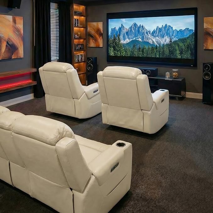 Watson &amp Whitely Genuine Leather Power Recliner Chairs for Adults Lay Flat Recliner with Power Headrest USB Ports and Cup Holders Electric Reclining Sofa for Living Room Bedroom Cream