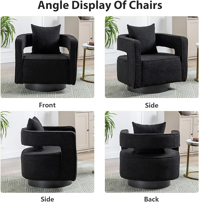 Swivel Barrel Chair Modern Teddy Round Accent Chairs Curved Open Back 360 Degree Swivel Arm Chair with Pillow Single Sofa Chair for Living Room BedroomBlack