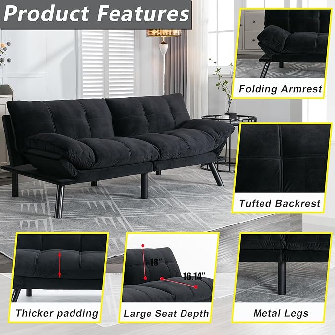 70“ Modern Velvet Futon Couch SleeperConvertible Sleeper Sofa Bed with Adjustable Backrests and Folding Armrest for Living Room Bedroom Office ApartmentSplit BackMattress Included (Black)