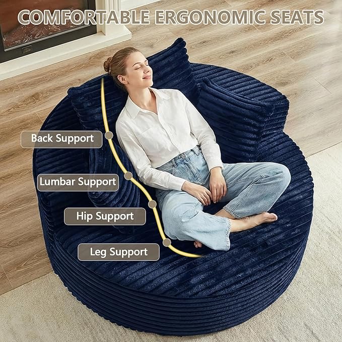 55 L Corduroy Sponge Single Sofa Oversized Round Chair Fluffy Modern Sleeper Chairs for Living Room Lounge and Projection Room Wide Armrest Lounge Chairs Armchair with Pillow Blue
