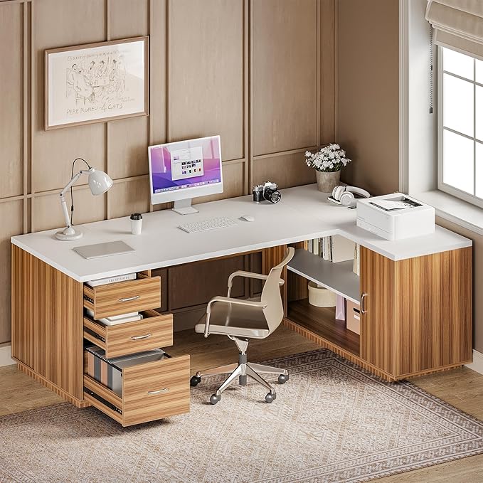 LITTLE TREE 87-Inch Modern Executive Desk with File Cabinet Large Home Office Desk with Drawers 3-Drawer Wooden File Cabinet Spacious Workstation for Home Office (White &amp Brown)