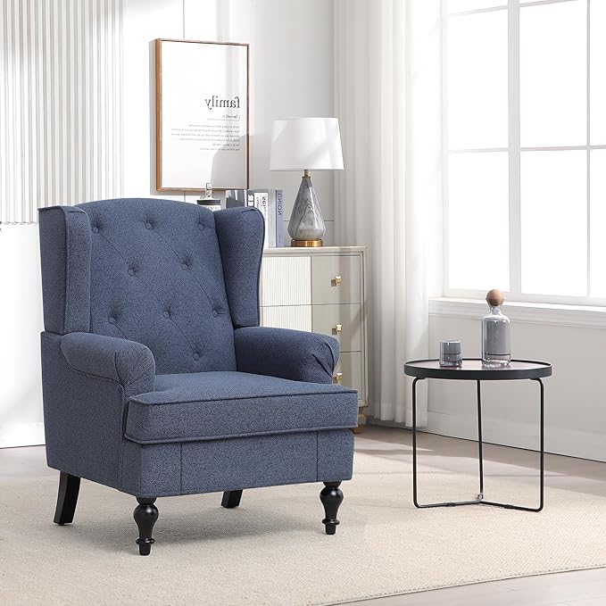 Accent Chair Set of 2 Mid Century Modern Fabric Wingback Chair Upholstered Armchair with High Back and Vintage Legs Comfy Single Sofa Side Reading Chair for Living Room Bedroom Blue
