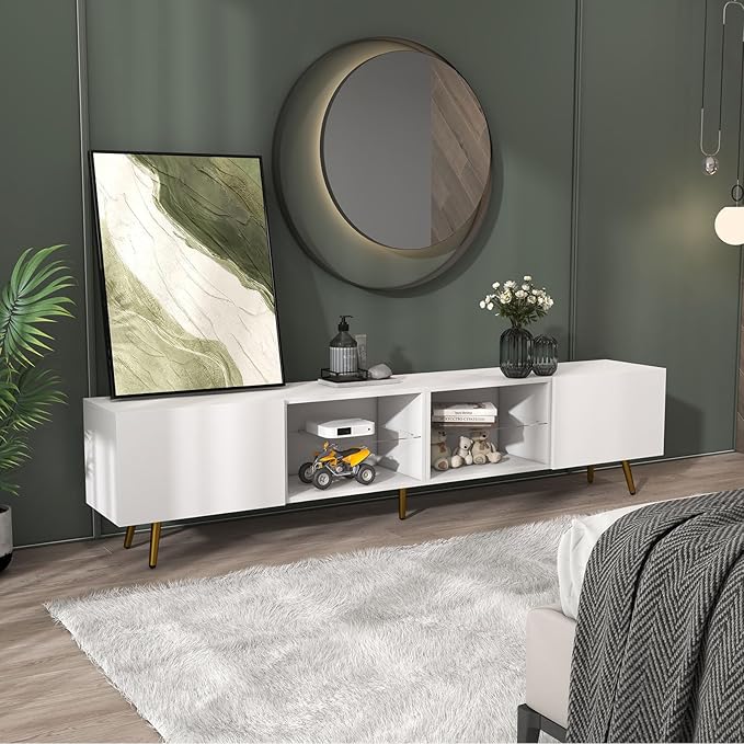 Bonzy Home 86 LED TV Stand Modern Entertainment Center up to 75 80 85 TV Television Console Table with Storage Cabinets for Living Room White