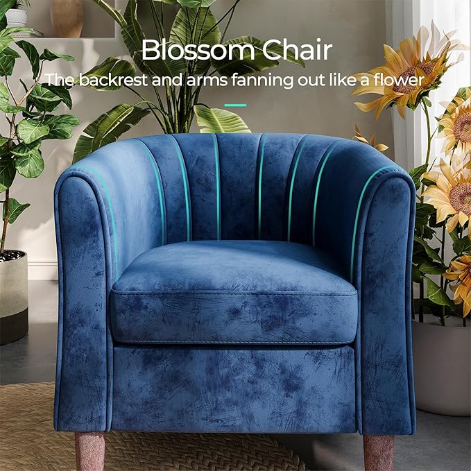 LINSY Accent Chair with Ottoman Modern Barrel Chair Small Armchair Reading Chair with Footrest Comfy Round Arms Chair for Living Room Bedroom Reading Room Velvet Blue