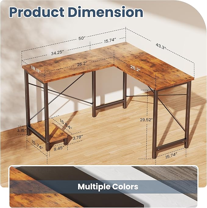DUMOS L Shaped Desk Computer Gaming Desks Corner Office Table with CPU Shelf for Home Study Writing Work Station 50 Inch Rustic Brwon