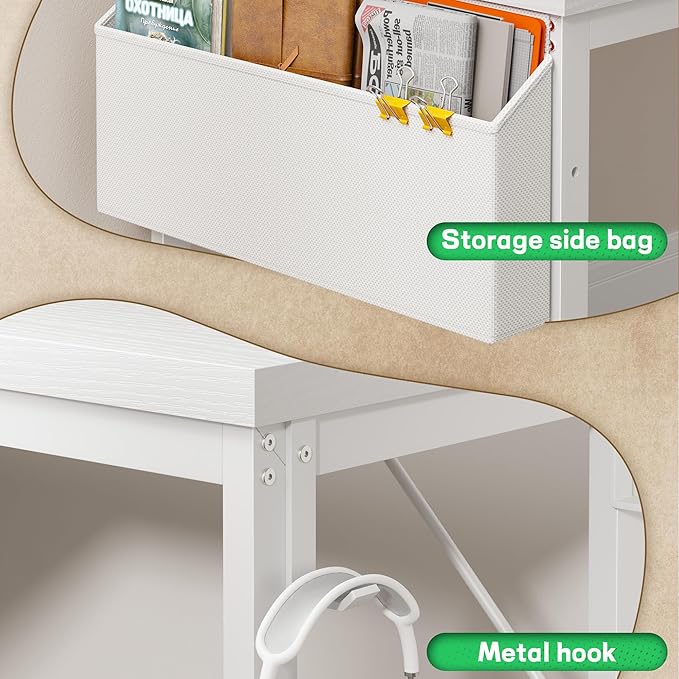 L Shaped Desk with 0.95 Inch Thicker Desktop &amp Storage Bag Computer Desk with Power Outlets &amp Lights Reversible Gaming Desk for Home Office Corner Desk Study Room Living Bedroom White
