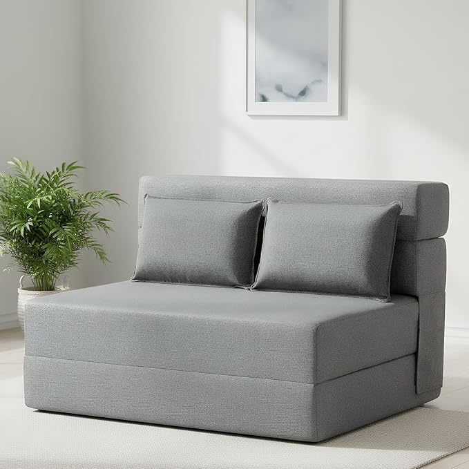 FILUXE Folding Sofa Bed | Convertible Sleeper Chair Bed for Adults Fold Out Chair to Bed Linen Futon Chair with Pillow for Home Dorm Apartment RV Living Room Standard Size Light Gray