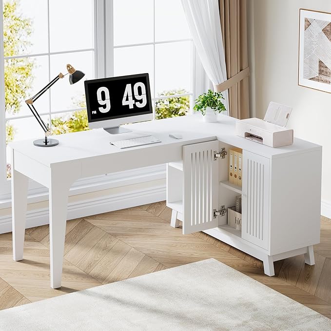 Tribesigns L-Shaped Desk with Storage Cabinet 57-Inch Wood Corner Workstation Home Office Computer Desk Study Writing Table (White)