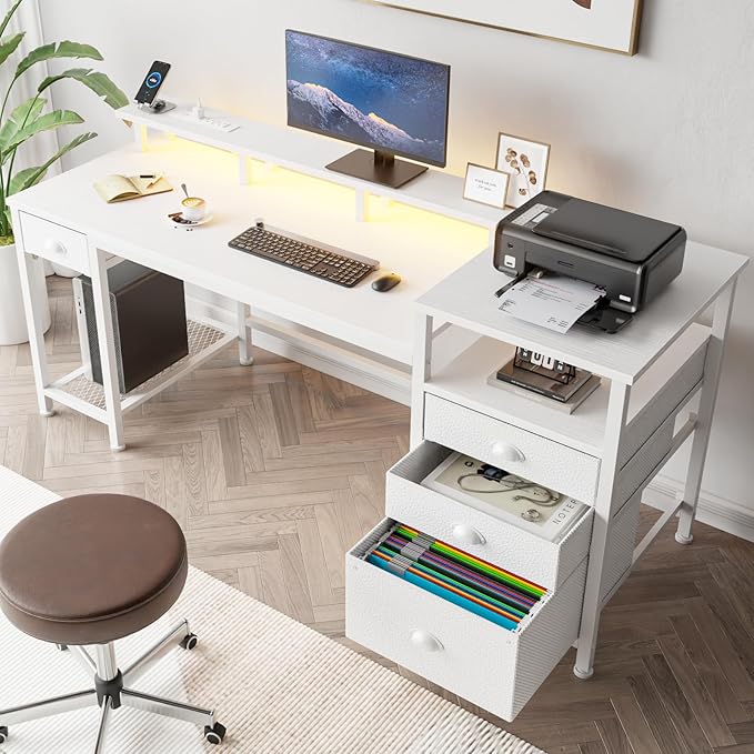 Furologee 60 White Office Computer Desk with 4 DrawersGaming Desk with LED Lights and Power OutletsLong Desk with Fabric File CabinetStudy Writing Work Table with Shelf for Bedroom Home Office