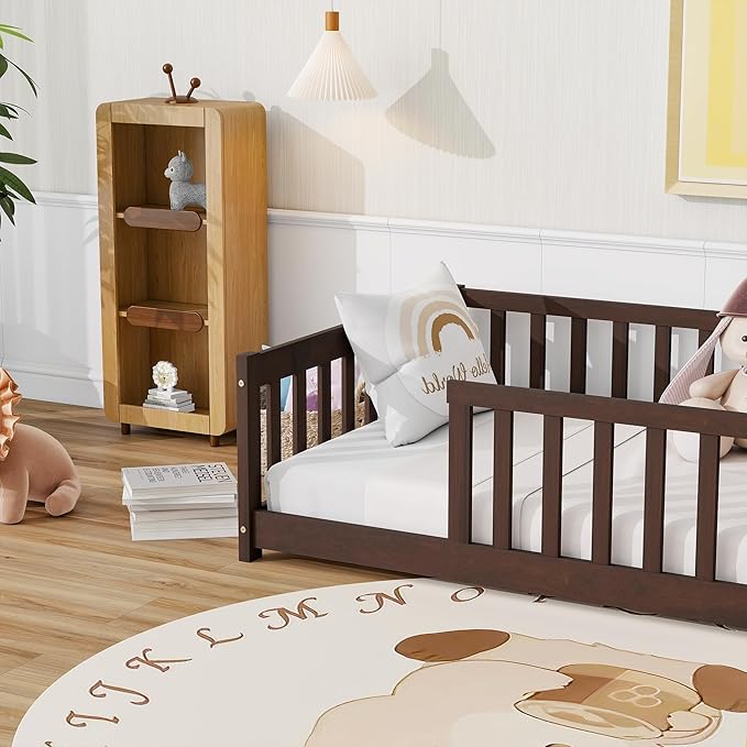 Bellemave Twin Floor Bed with Slats and Safety Guardrails Twin Size Montessori Floor Bed with Fence and Without Door Easy Assemble Montessori Beds Frame for Girls Boys Pink Espresso