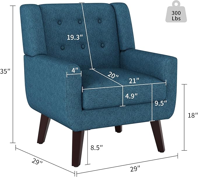 Accent Chairs Set of 2 Mid-Century Modern Upholstered Living Room Armchair Comfy Linen Fabric Single Reading Arm Chair with Tufted Back and Wood Legs for Bedroom Club (2 Dark Teal)