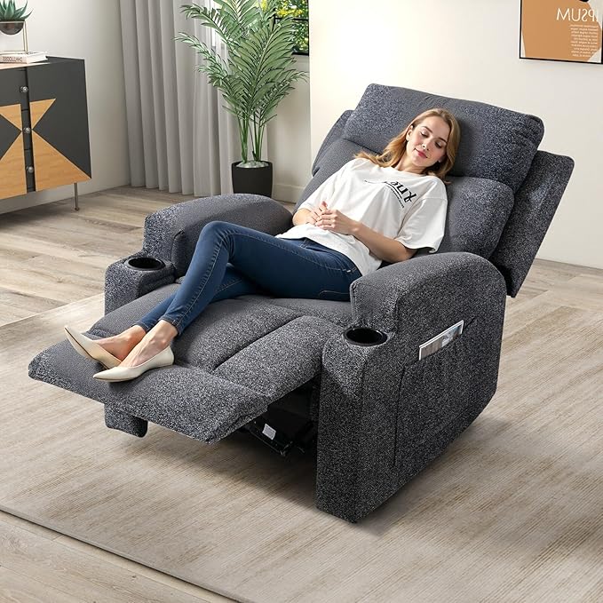 2PCS Fabric Manual Recliner Chair for Adults Comfy Reclining Chairs with Overstuffed Arm and Back Single Sofa for Living Room (2 Dark Grey)