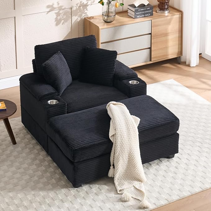 KEIKI Oversized Accent Chair with Ottoman Chaise Lounge Chair Indoor with Handrail Storage Cupholders Oversized Sofa Bed Deep Seat Sleeper Couch Reading Chairs for Living Room Black