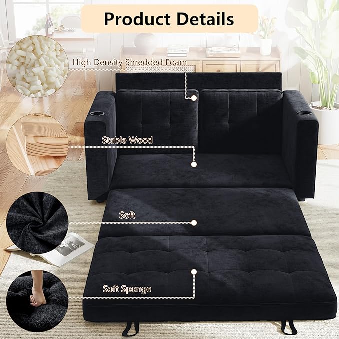WorthFurni Convertible Sofa Bed Folding Sofa Bed 2 in1 Pull Out Loveseat Sleeper Sofa Floor Sofa Bed for Small Spaces Folding Couch Bed with Pillows for Living Room Bedroom - Black