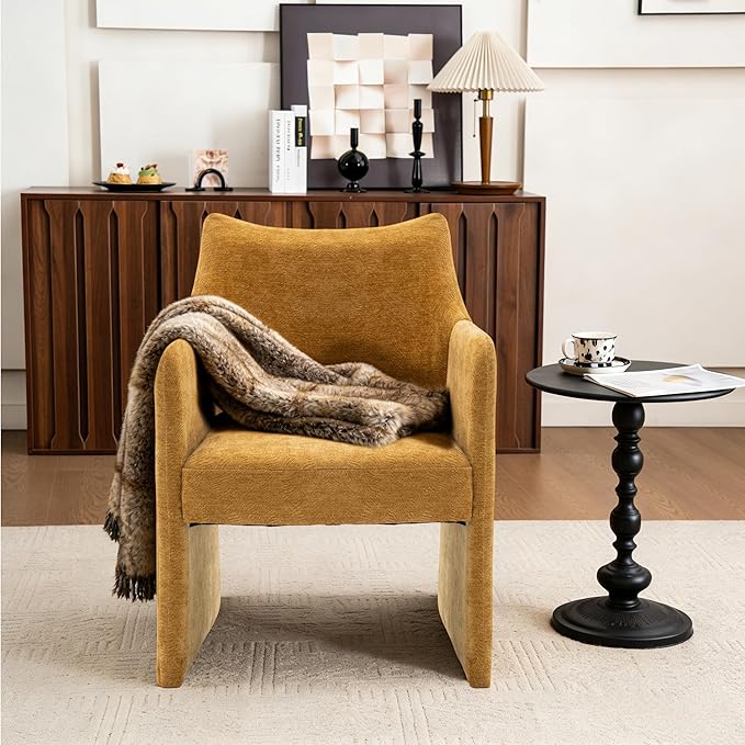 Mid-Century Chenille Accent Chair Set of 2 Geometric Open-Back Upholstered Armchair with Non-Slip Frame Cozy Reading Chair for Home &amp Office (Yellow)