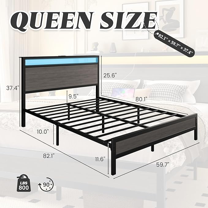 Queen Bed Frame with Headboard &amp Footboard Bed Frame with Built-in Charging Station &amp LED Light Storage Shelf Noise-Free No Box Spring Needed Easy Assembly Rustic Grey