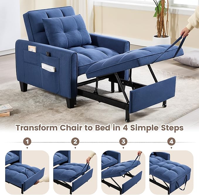 Convertible Sleeper Chair 3 in 1 Sleeper Chair Bed Pull Out Sofa Bed Chair Single Sofa Bed Adjustable Backrest Chairs Bed Sleeper for Adults Reading Living Room Bedroom Velvet Blue