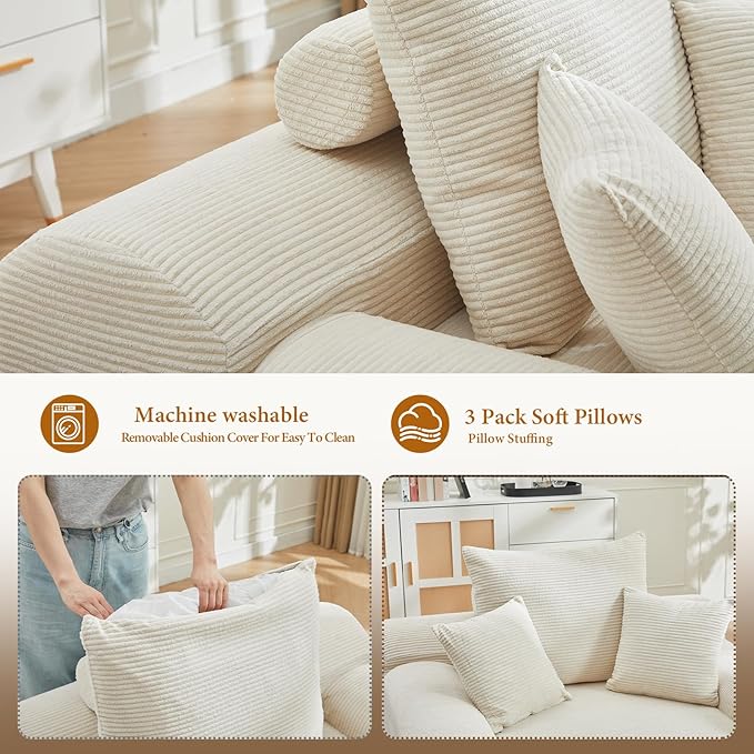 70 Chaise Lounge Chair Indoor Corduroy Upholstered Boneless Sofa Bed Couch with Armrests and 3 Pillows Cloud Sleeper Sofa Chair Couches for Living Room Bedroom No Assembly Required (Beige-70)