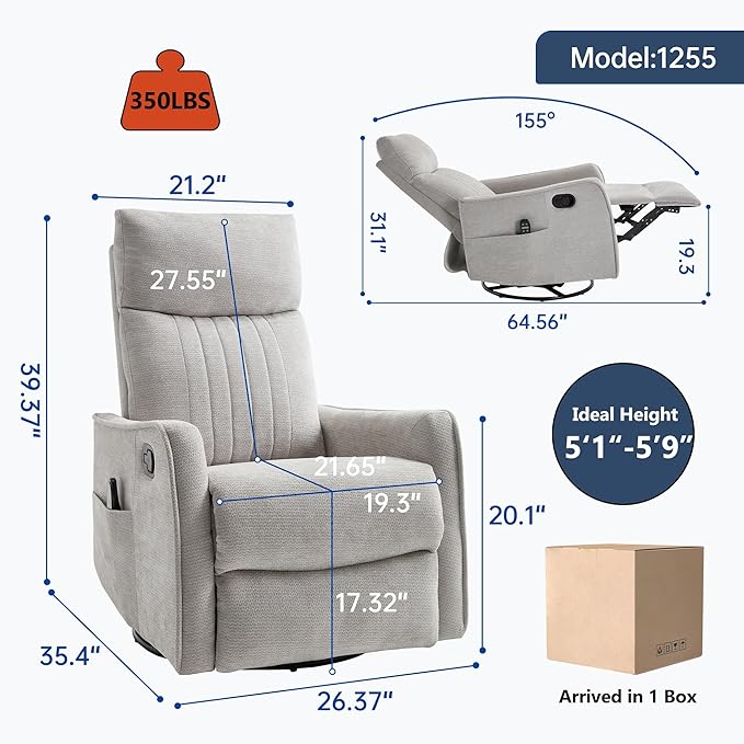 Manual Recliner Chair with Rocker and Swivel for Living Room and Bedroom Comfy Reclining Chairs for Adults Lazy Boy Style Recliners for Small SpacesLightGray