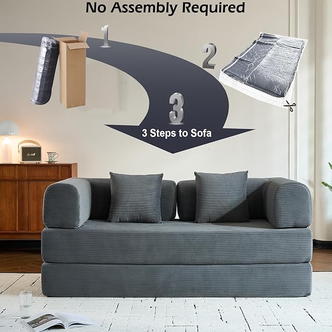 4-in-1 Folding Convertible Sleeper Sofa Bed with Fixed-Shape Frame Comfy Modular Floor Sofa with Pull Out Couch Bed Sleeper Loveseat Boneless Futon Couch for Living Room Grey