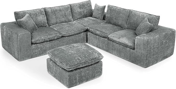 L-Shaped Boneless Modular Sectional Cloud Couches 6 Seat Modular Boucle Floor Foam Boneless Sofa Couch with Ottoman Headrest Pillows and Removable Cushions
