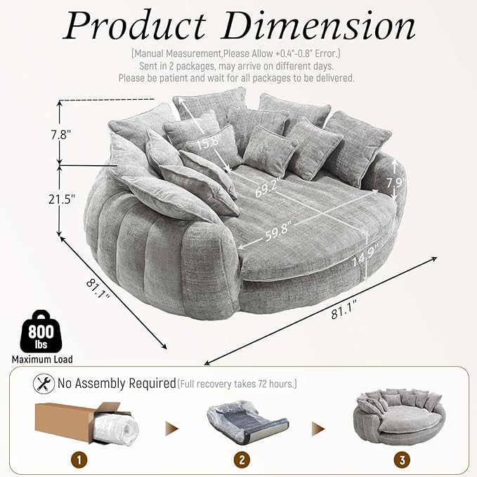 Oversized Sleeper Sofa Bed 81'' Round Chaise Lounge Chair Indoor Modern Chenille Boneless Couch Loveseat Plush Couch Cloud Couches Comfy Bean Bag Chair for Living Room Apartment (Light Grey)