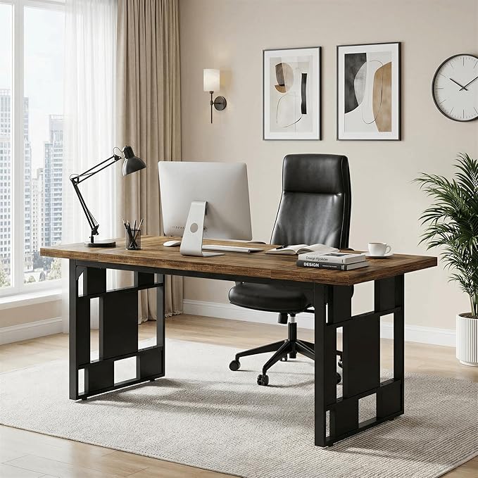 71 Inch Large Executive Desk Heavy Duty Computer Desk with Extra Thick Wooden Tabletop and Metal Frame Modern Workstation Writing Study Desk for Home Office Study Room