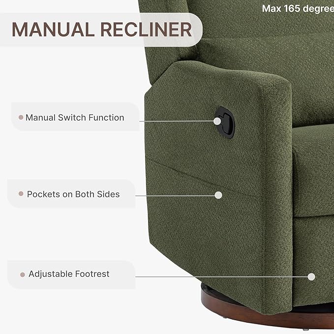 Swivel Rocker Recliner Chair Nursery Glider Recliner with Wood Base Manual Rocking Comfy Upholstered Fabric Reclining Single Sofa for Nursery Bedroom Living Room
