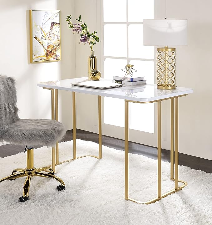 Rectangula White &amp Gold Finish Writing Desk Metal Square Tube Computer Desk Office Table for Home Office 31 L x 24 W x 29 H