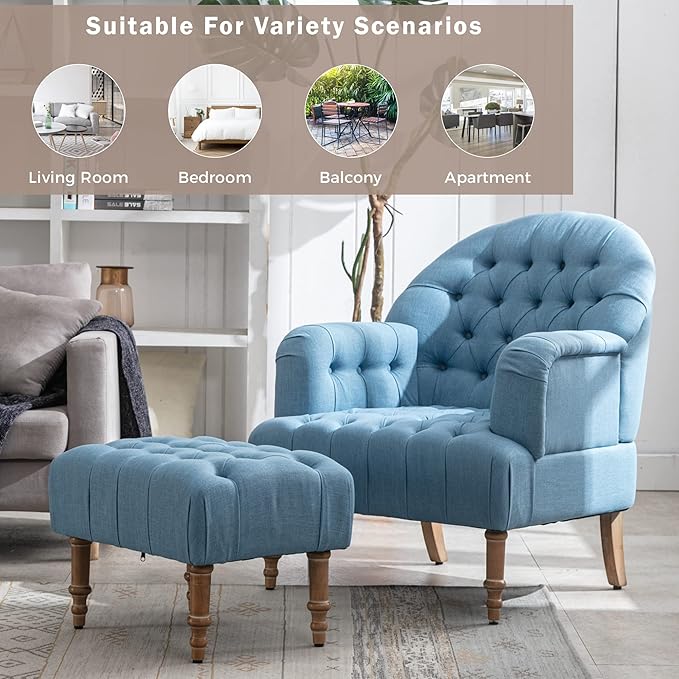 Accent ChairButton-Tufted Upholstered Chair SetMid Century Modern Chair with Linen Fabric and Ottoman for Living Room Bedroom Office LoungeBlue