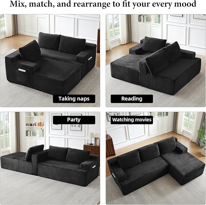 Boneless Couch Corduroy Cloud Sofa 96'' Sectional Couches Deep Seat L-Shaped Sofa No Assembly Pet-Friendly Apartment Couch for Living Room Small Spaces in a Box