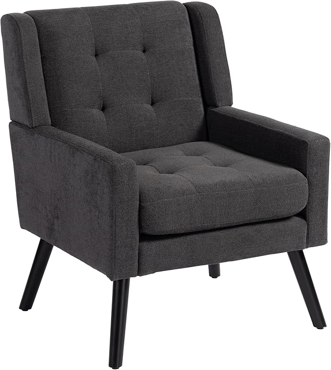 Mid-Century Modern Accent Chair Plush Linen Fabric with Button Tufted High Back &amp 5 Thick Cushion High Comfort Reading Chair for Living Room Bedroom Office (Dark Gray)