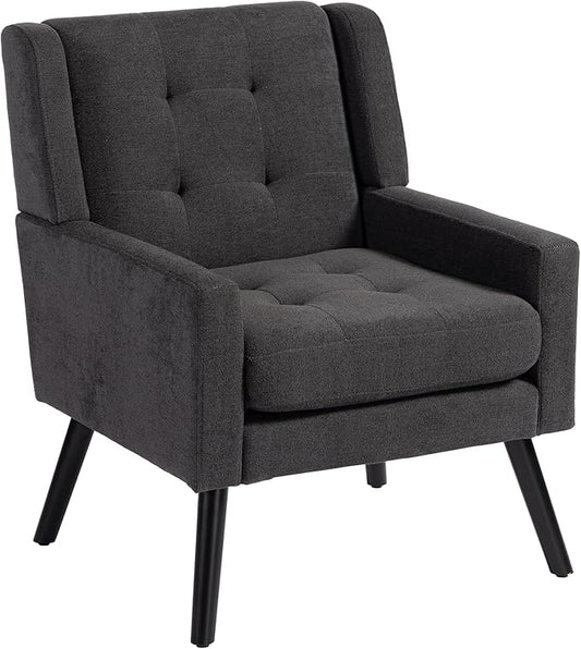 Mid-Century Modern Accent Chair Plush Linen Fabric with Button Tufted High Back &amp 5 Thick Cushion High Comfort Reading Chair for Living Room Bedroom Office (Dark Gray)