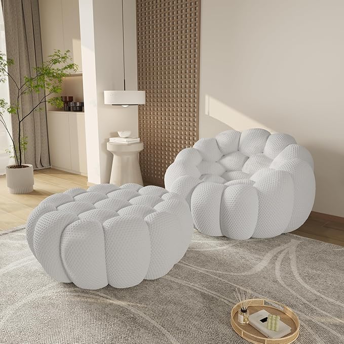 WJShome Modern Deep Seats Bubble Sofa Couches for Living Room No Assembly 48.4 ‘’ Small Couch with 42.5 Big OttomanComfy Sponge Floor Sofas Chair for BedroomLight Grey
