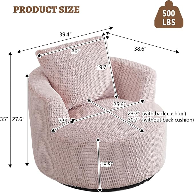 39.4 Wide Swivel Accent Chair Modern 360° Rotating Barrel Chair with Metal Base Club Single Sofa Chenille Armchair for Living Room Bedroom Reading Room Office (Pink)