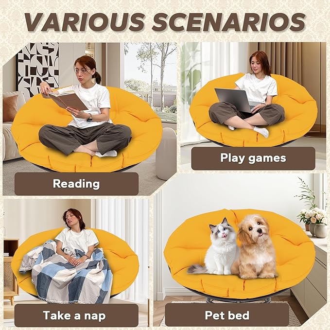 46'' Large Size Papasan Chair (Non-Swivel) with Cushion and Frame Overstuffed Thickened Lazy Chair Mustard Yellow