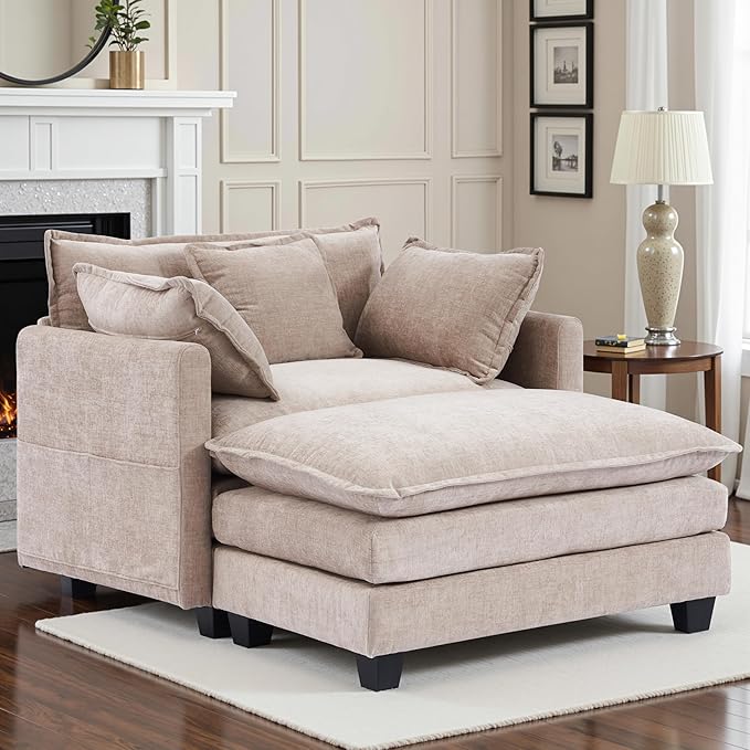 Winterstorm Chenille Oversized Chair with Ottoman - 40 W Comfy Accent Chair and Ottoman Set Single Large Cloud Sofa Armchair with Extra Deep Seat for Apartment Living Room (Khaki)