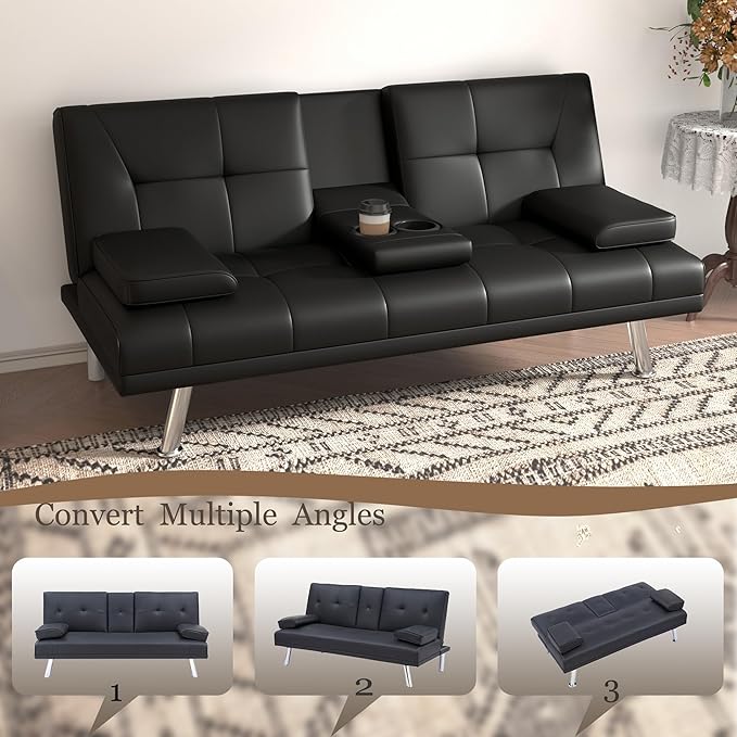 Anwick Convertible Folding Futon Sofa BedModern PU Leather Sleeper Love Seat with 3 Reclining Backrest &amp Cup Holders67 Comfy Sofa Couches for Living Room Small Home Office (Black)