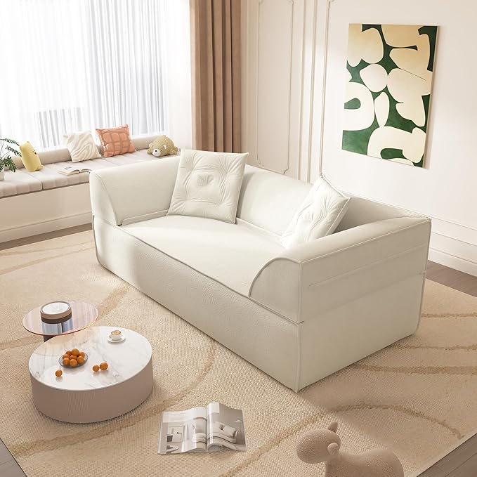3-in-1 Convertible Folding Sofa Bed 79.5 Queen Size Sleeper Curved Couch Modern Deep Seat Fluffy Couch with 2 Pillows 3-Seater Sofa Sparkling Chenille Fabric Sofa (A-Beige 3 Seat)