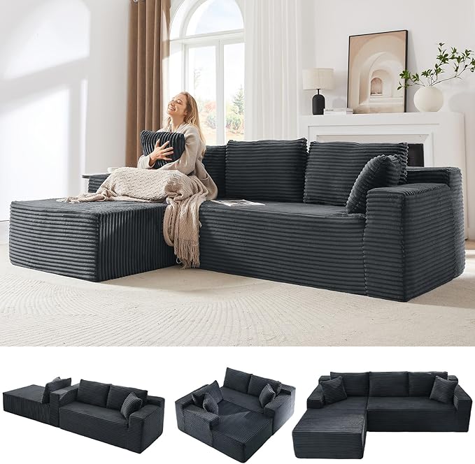 103 L-Shape Cloud Couch with Chaise Upholstered Corduroy Modular Sectional Sofa Deep Seat Couch with Free Combination for Living Room &amp ApartmentNo Assembly Required(Dark GreyLeft Facing Chai