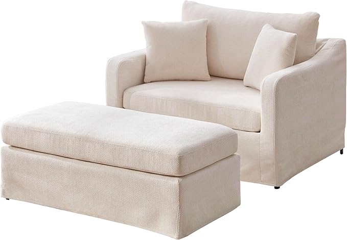 44 Oversized Reading Chair with OttomanWide Beige Accent ChairChenille Upholstered Square Chair with OttomanBig Comfy Chair for Living Room