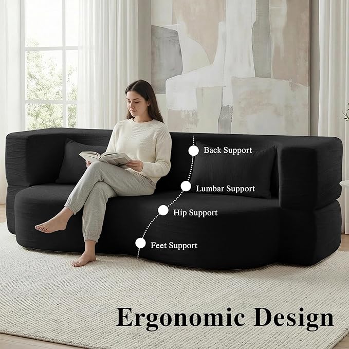 Convertible Sofa Bed 78'' Queen Size Folding Sleeper Sofa with Pillow 2-in-1 Teddy Fabric Boneless Loveseat Floor Couch &amp Mattress for Living Room Guest Room No Assembly Required (Black)