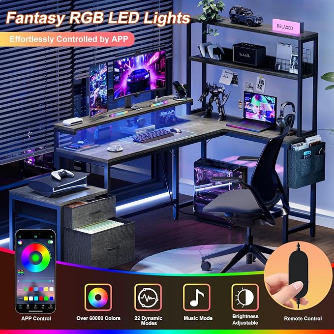 REAHOME 70 Inch L Shaped Desk with File Drawers and Reversible Storage Shelves Computer Desk with Power Outlet &amp LED Strip Home Office Desks Bookshelf Desk Writing Study Desk for Bedroom Grey
